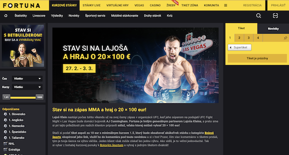 Podmienky bonusu 100€ vo Fortune na UFC zápas Ľudovíta Kleina