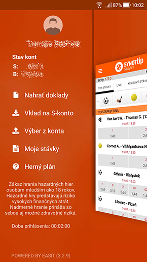 Synottip aplikácia menu