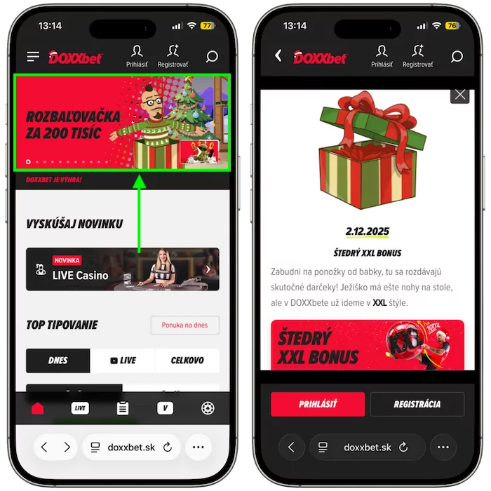 Doxxbet adventný kalendár na mobile
