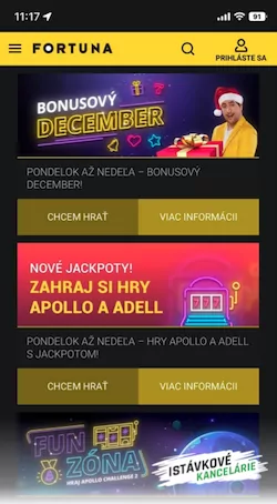 Fortuna adventný kalendár na mobile