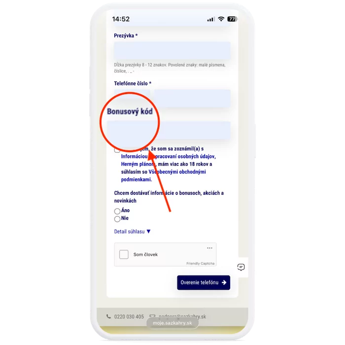 Kolonka Bonusový kód v Sazka formulári