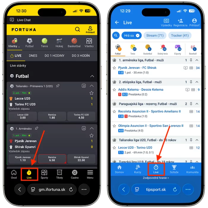 Live stávky Fortuna vs Tipsport