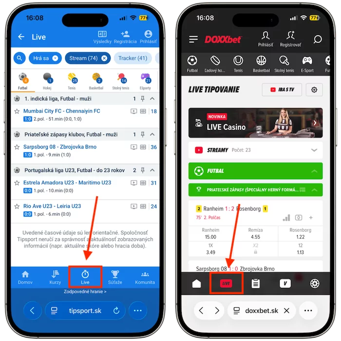 Live stávky Tipsport vs DOXXbet