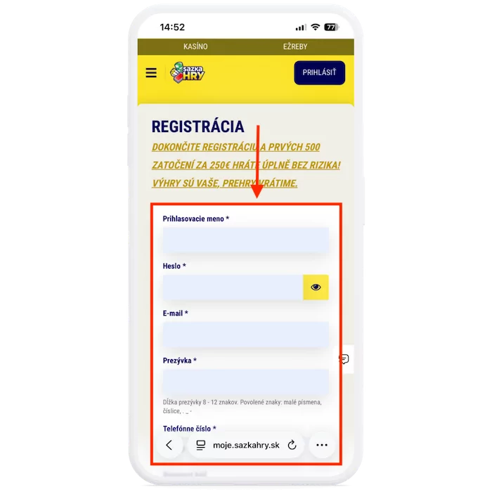 Registračný formulár Sazka hry