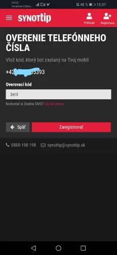 Synottip registrácia overenie telofónneho čísla