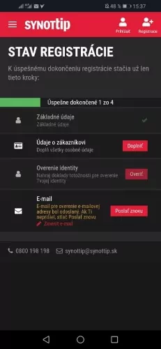 Synottip stav registrácie