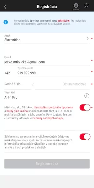 Zadajte svoje údaje do registračného formulára