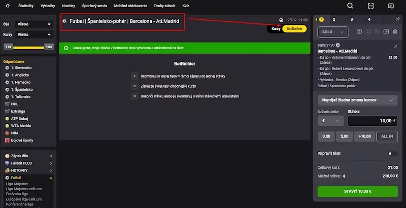 Príklad stávky Betbuilder na zápas Barcelona vs Atlético Madrid