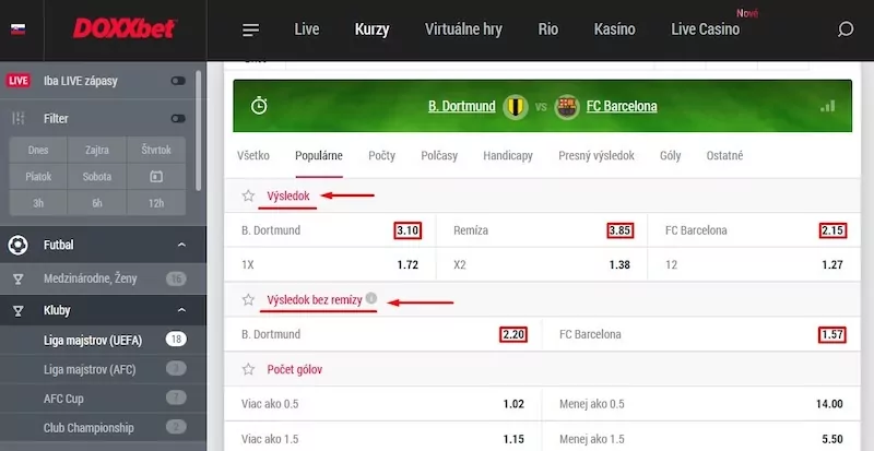 Príklad futbalovej Stávky bez remízy v Doxxbete