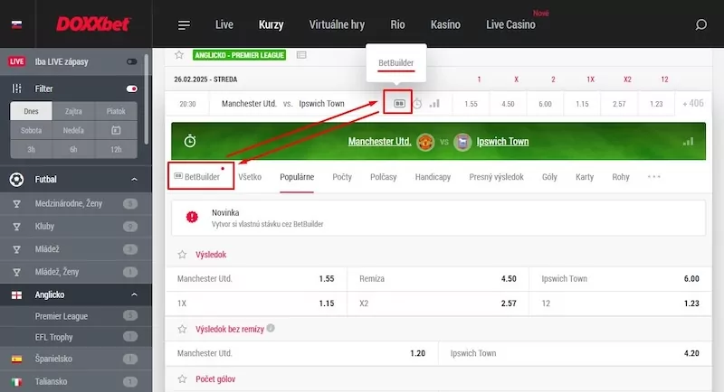 Príklad Betbuilder stávky v DOXXbete