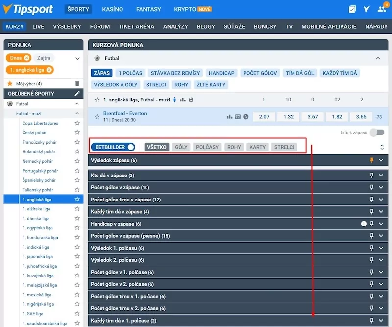 Príklad Betbuilder stávky v Tipsporte