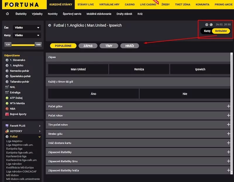 Príklad Betbuilder stávky vo Fortune