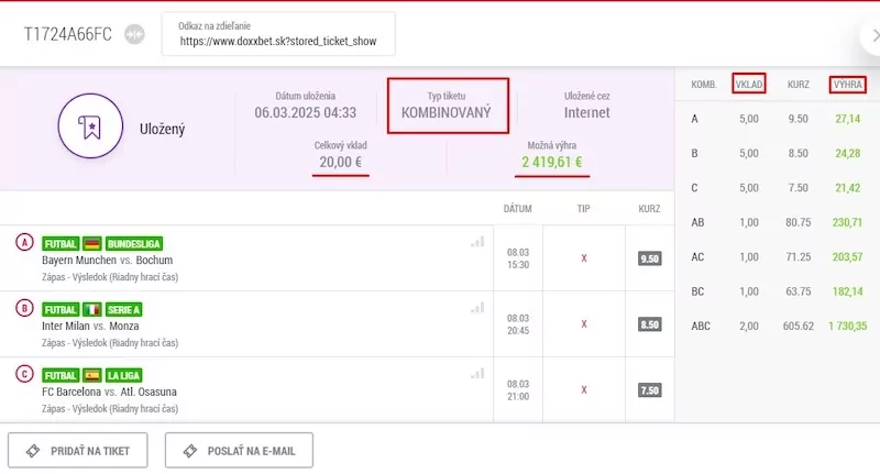 Rozpisový tiket kombinovaný v DOXXbete